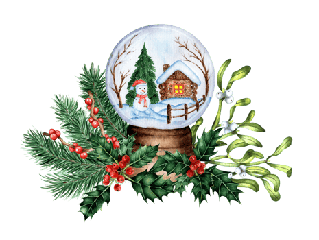 A souvenir ball with snow decorated with fir branches, mistletoe and holly. Watercolor decor snowman, hut and trees in a glass ball. Isolated. Drawn by hand. png
