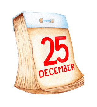 Watercolor illustration of tear-off old calendar with turned pages and the date of December 25. Holiday Christmas written in red. Isolated. Drawn by hand. png