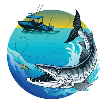 Fishing Boat Catching Barracuda Fish in Vintage Style vector