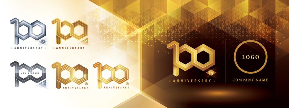 100th Anniversary logotype design, Hundred years anniversary celebration. Abstract Hexagon Infinity logo, 100 Years Logo golden for celebration event vector