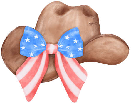 Coquette 4th of July Cowboy Hat Watercolor Illustration with Stars and Stripes Ribbon Bow png