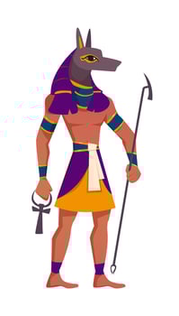 Anubis Egyptian god flat illustration. Ancient Egypt deity with jackal head and human body. Egyptian culture religious character in pharaoh clothes with ankh key isolated on white background. vector