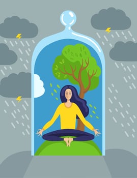 Illustration of woman in lotus pose meditating near a tree inside glass cover. vector