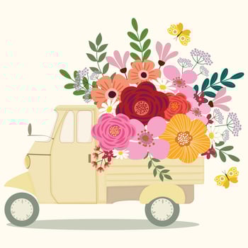 adorable bright flowers floral bouquet in truck clipart hand drawn illustration for decorate invitation greeting birthday party celebration wedding card poster background vector