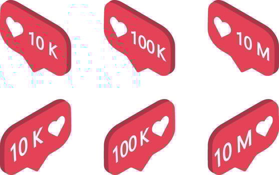 a set of red speech bubbles with the words 10k, 100k, 1k, 10 vector