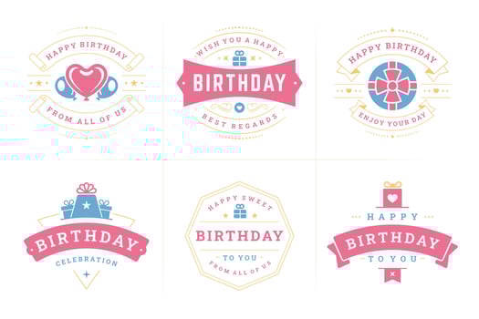 Happy birthday celebration best wishes vintage label badge set for greeting card design flat vector