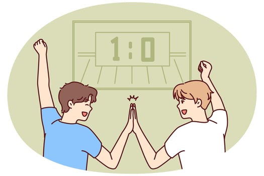 Two men football fans watch game on TV and rejoice after goal of favorite team or successful match vector