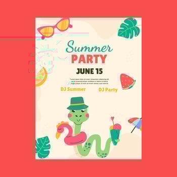 Flat cartoon snake character summer party invitation template vector