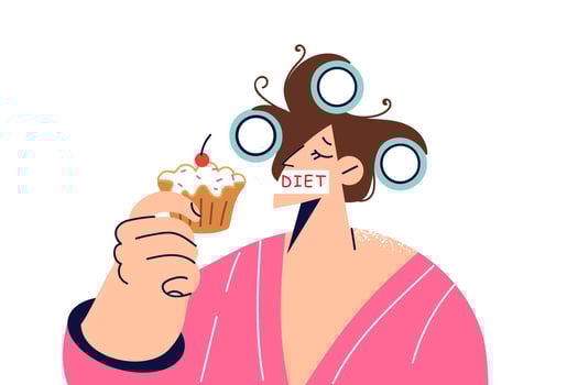 Woman is going to break diet by eating sweet dessert with lot of fat and carbohydrates vector