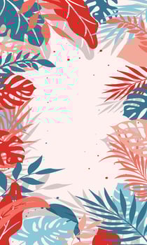 Abstract wallpaper of piles tropical leaves. Flat design leaves border background vector