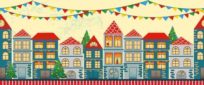 Seamless pattern border with hand drawn new year city on yellow background. vector