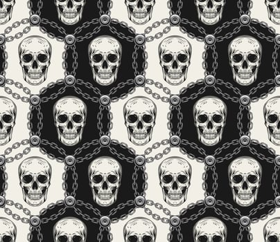 Geometric hexagonal pattern with human skulls, steel chains, rivets. Monochrome background in vintage style. Good for mens apparel, clothing, fabric, textile, sport goods. vector