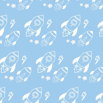 Outline rocket in space pattern on blue background. vector