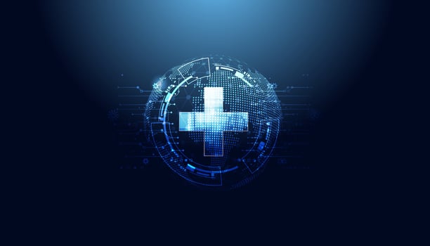world and Health Plus On a blue background, the concept of health, self-care On digital background. Futuristic vector