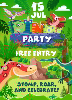 Birthday party flyer, cartoon dinosaurs and dino vector