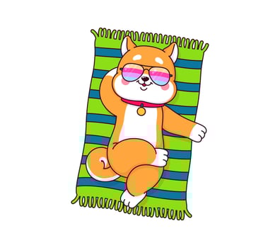 Cartoon shiba inu dog sunbathing on the beach vector