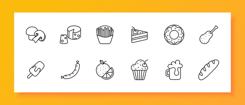 Delicacy set icon. Mushrooms, cheese with holes, cupcake, baguette, ice cream, donut, french fries, fast food, junk food, cherry, cake, sausage, drink, unusual food. line icon. vector