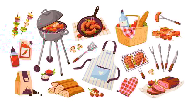 BBQ set. Barbecue picnic with grilled meat, sausages and vegetables. Grilled food for summe party. illustration vector