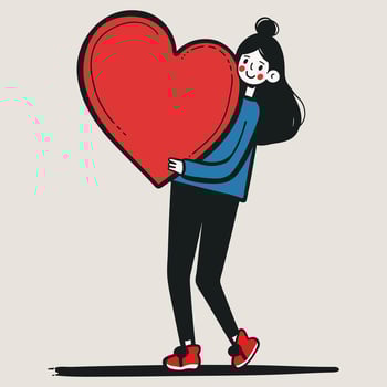Happy girl holding big red heart. Young woman in love. Friendly volunteer concept. Vector illustration