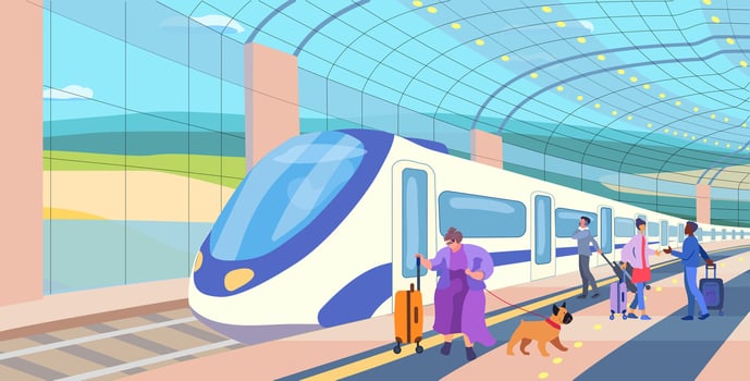 Railway. Metro station. Passenger carriages on a platform with people. Inclusion human. Travel of a big woman with a dog and luggage. Meeting. vector