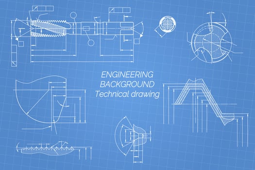 Mechanical engineering drawings on blue background. Tap tools, borer. Technical Design. Cover. Blueprint. illustration. vector