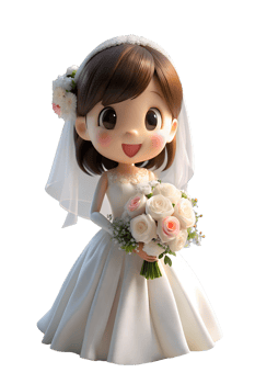 anime 3d render style, a happy woman in a luxurious wedding dress, she is holding a large bouquet of flowers png