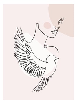 Woman with bird. Portrait minimalistic style. Line Art illustration. vector