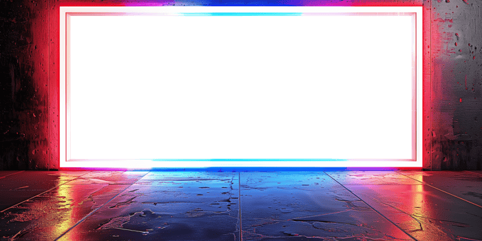 Mockup Sci Fi Modern Neon Glowing Rectangle Frame Purple Pink Blue Colored Lights In Dark Empty Grunge Concrete Brick Room Background 3D. Colorful illustration. . png