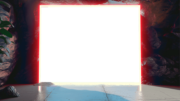 Mockup Sci Fi Modern Neon Glowing Rectangle Frame Purple Pink Blue Colored Lights In Dark Empty Grunge Concrete Brick Room Background 3D. Colorful illustration. . png