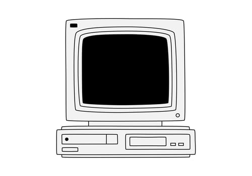 Hand drawn cute cartoon illustration of retro computer. Flat old pc sticker in colored doodle style. Vintage office or programmer device icon or print. Information technology. Isolated. vector