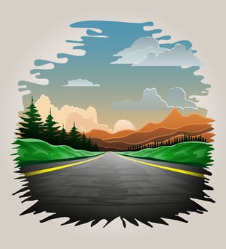 landscape asphalt auto road in nature among mountains hills and trees stock illustration vector