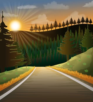landscape asphalt auto road in nature among mountains hills and trees stock illustration vector