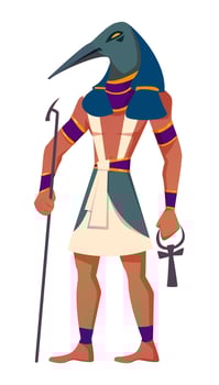 Ancient egyptian god Thoth with head of ibis flat illustration. Deity of moon, knowledge, sciences and wisdom isolated on white background. Antique mythological character from history, religion vector
