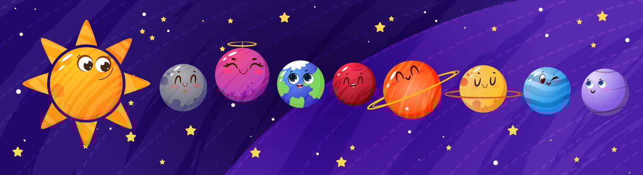 Cute childish planets of solar system at night sky flat illustration. Funny galaxy objects, stars and cosmic globes smile at outer space. Sun, earth and astronomical characters with emotions. vector