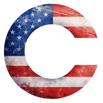 A capital letter C is filled with the design of the United States flag against a solid-colored background. png