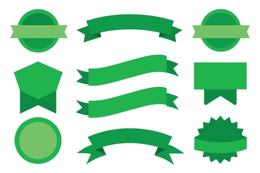 Collection of green ribbons tags badges and labels isolated white background vector