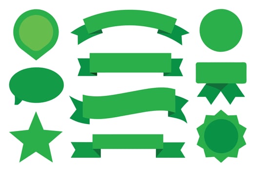 Collection of green ribbons tags badges and labels isolated white background vector