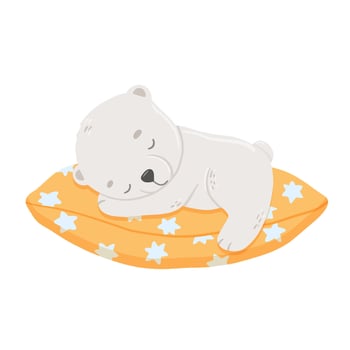 Cute baby bear sleeping on pillow. cartoon hand drawn childish illustration for kids. Polar animal isolated on white vector