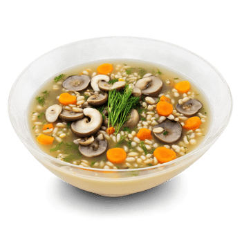 Mushroom barley soup a savory broth with sliced mushrooms pearl barley and diced vegetables garnished png