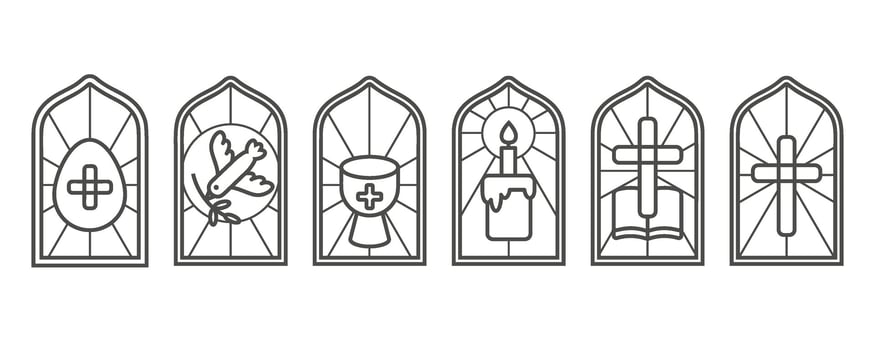 Church stained windows with religious Easter symbols. Christian mosaic glass arches set with cross dove cup and egg isolated on white background. vector
