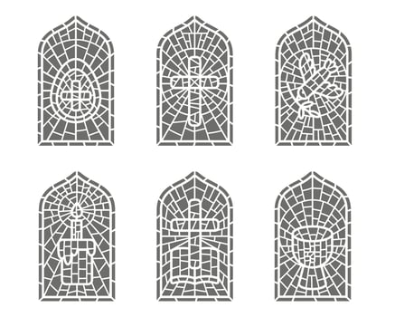 Church stained windows with religious Easter symbols. Christian mosaic glass arches set with cross dove cup and egg isolated on white background. Glyph illustration vector