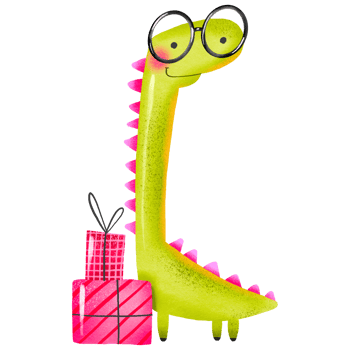 Green cartoon dinosaur wearing glasses and holding gift boxes celebrating birthday. Hand drawn holiday illustration on isolated background png