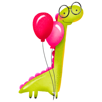 Green cartoon dinosaur with glasses and pink balloons celebrating birthday. Hand drawn holiday illustration on isolated background png