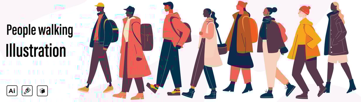 Stylish Walking People, Side Profile Illustrations of Business Men and Women in Seasonal and Office Attire, Including Young and Elderly Characters. Isolated Icons Set vector