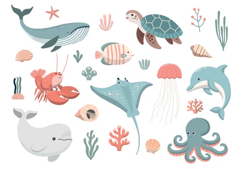 Sea and ocean underwater animals. Cute turtle, whale, dolphin, octopus and other. Childish flat cartoon illustration. Isolated on white background vector