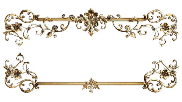 Luxurious wide frame in gold leaf finish, ornate rococo elements for elegant interior design, Rectangular gold frame, baroque luxury, carved details, vintage golden frame png