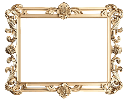 Luxurious wide frame in gold leaf finish, ornate rococo elements for elegant interior design, Rectangular gold frame, baroque luxury, carved details, vintage golden frame png