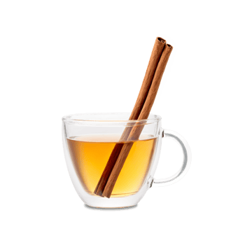 Cinnamon tea in a chic clear glass cup with steam and a cinnamon stick png