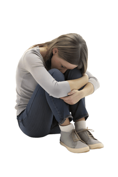 , 3d style illustration of A young woman hugs her knees and cries. isolated on transparent background png