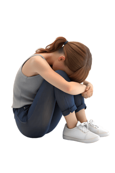 , 3d style illustration of A young woman hugs her knees and cries. isolated on transparent background png